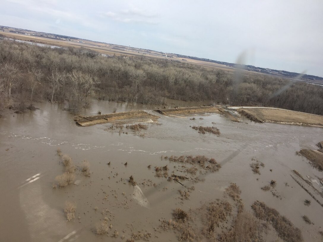 Photo documents the Clear Creek Levee breach resulting from the 2019 runoff event along the Missouri in Clear Creek, Nebraska March 22, 2019. (Photo by USACE, Omaha District)