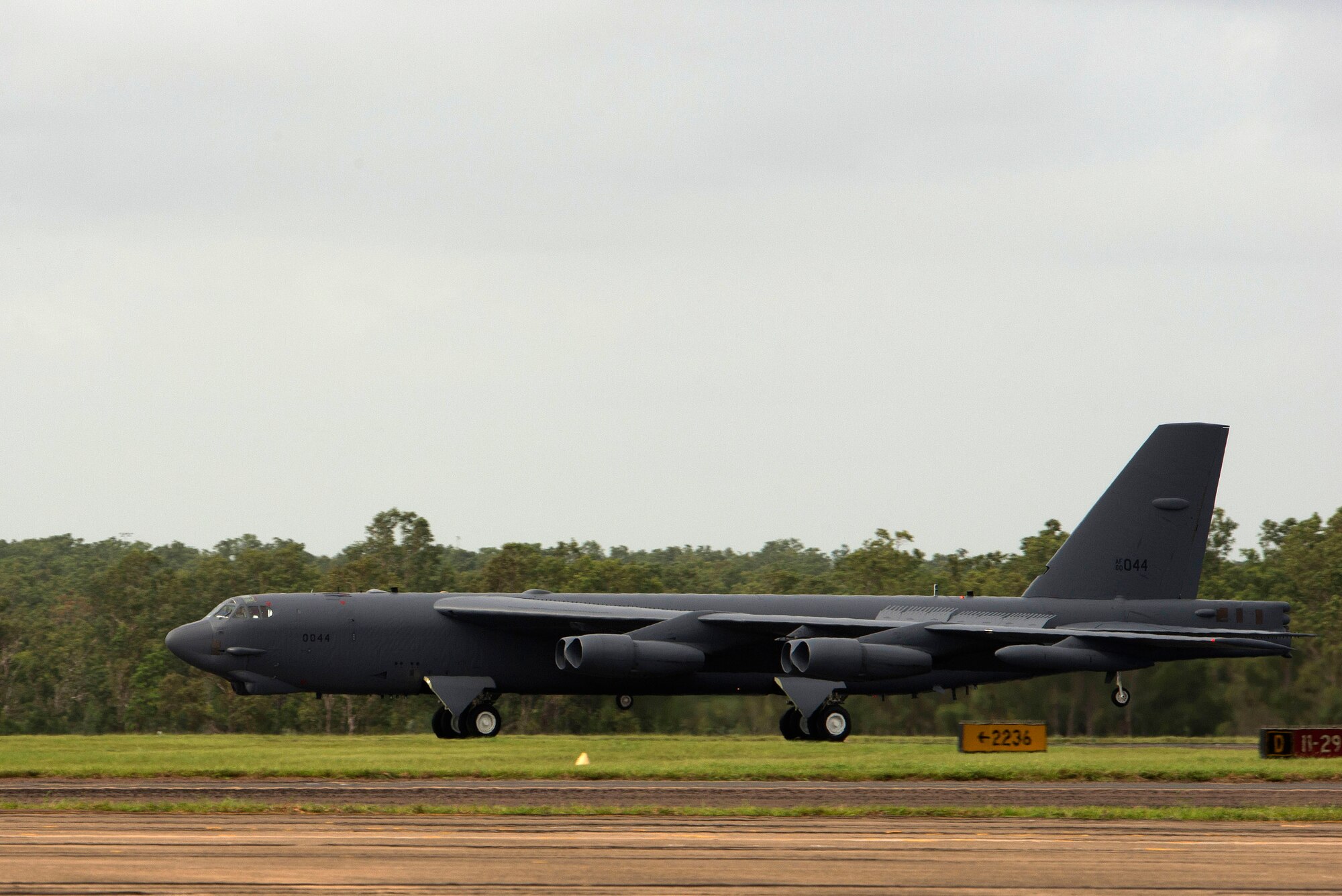 A U.S. Air Force B-52 Stratofortress taxis on the runway upon returning from a sortie in support of Diamond Shield 2019 (DS-19) at Royal Australian Air Force Base Darwin, Australia, March 26, 2019.