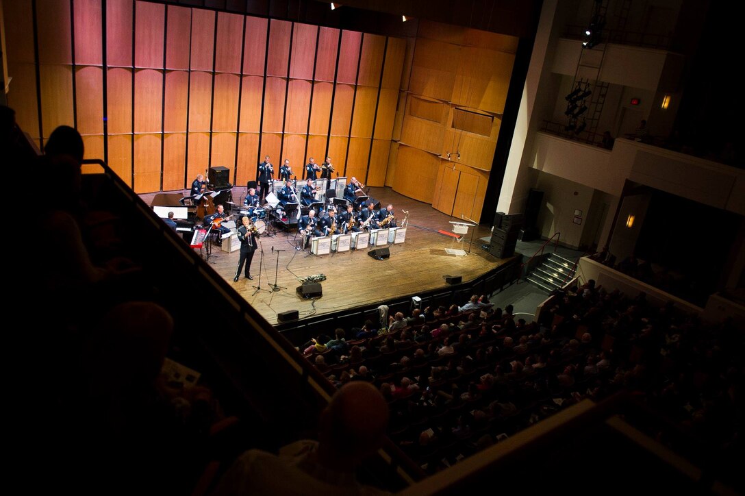 The U.S. Air Force Band's premier jazz ensemble, Airmen of Note, perform during a Jazz Heritage Series concert at the Rachel M. Schlesinger Concert Hall and Arts Center on the Northern Virginia Community College campus in Alexandria, Va., March 22, 2019. The Jazz Heritage Series concerts feature guest appearances by jazz legends. (U.S. Air Force photo by Master Sgt. Michael B. Keller)