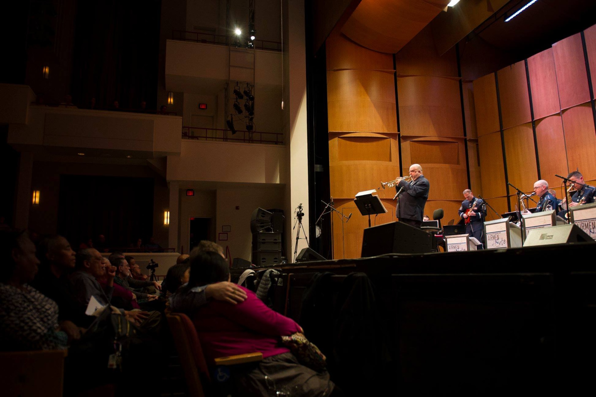 Jazz trumpeter and composer Randy Brecker plays "Some Skunk Funk" during a performance with the U.S. Air Force Band's premier jazz ensemble, Airmen of Note, at the Rachel M. Schlesinger Concert Hall and Arts Center on the Northern Virginia Community College campus in Alexandria, Va., March 22, 2019. (U.S. Air Force photo by Master Sgt. Michael B. Keller)