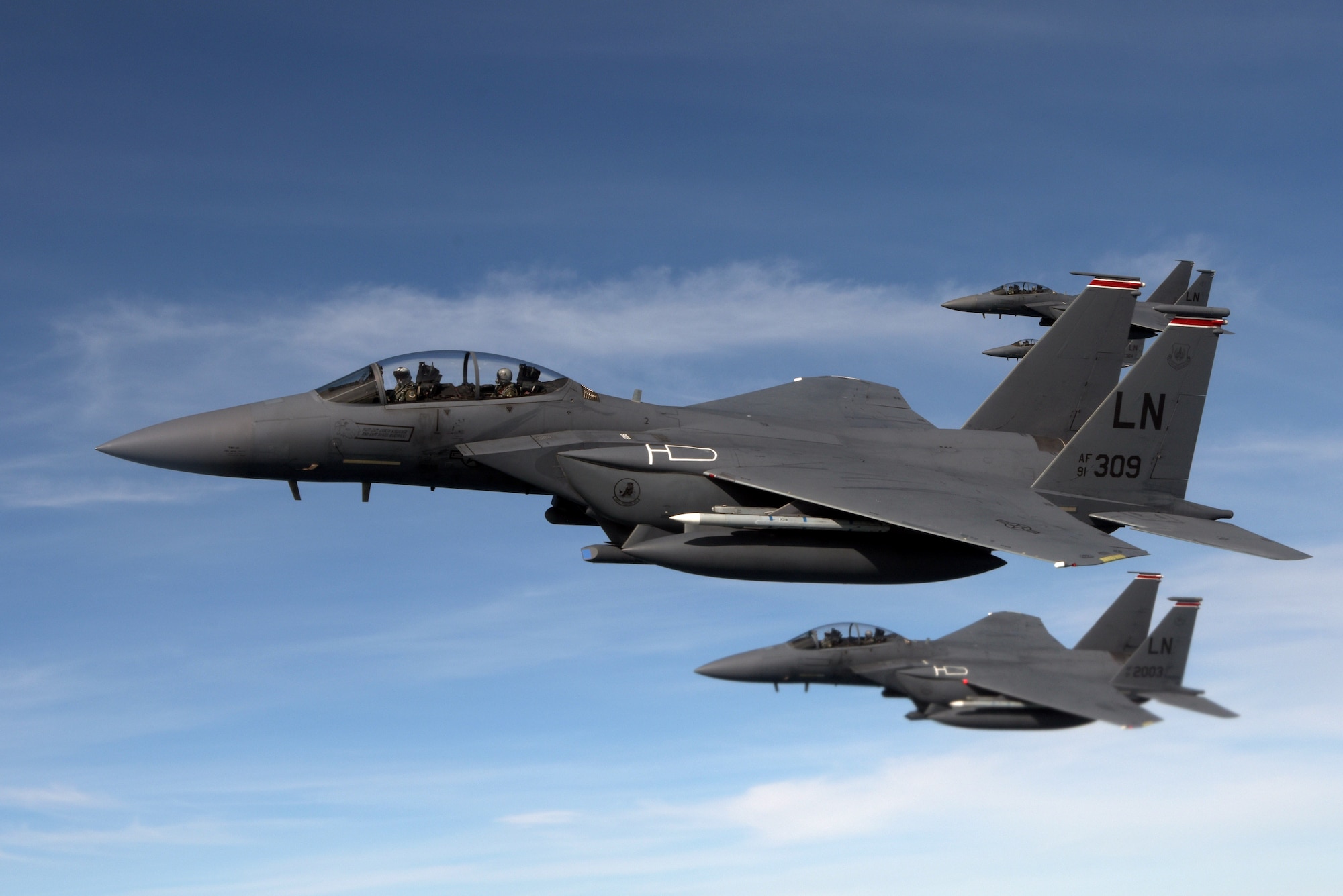 U.S. Air Force F-15E Strike Eagles assigned to the 494th Fighter Squadron at RAF Lakenheath, England, fly in formation near the North Sea, England, March 20, 2019. The F-15 serves as an air interdiction and air superiority aircraft for the 494th FS. (U.S. Air Force photo by Senior Airman Benjamin Cooper)