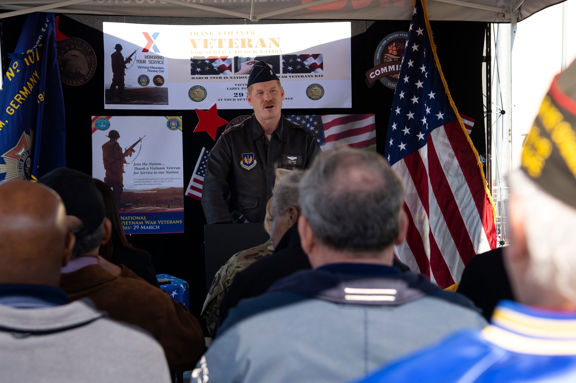 U.S. Air Force Lt. Col. Patrick Kennedy, 52nd Fighter Wing director of staff, speaks at the Vietnam War Veterans Commemoration at Spangdahlem Air Base, Germany, March 29, 2019. The annual event honors all veterans who served on active duty in the U.S. armed forces from Nov. 1, 1955, to May 15, 1975, regardless of their location. (U.S. Air Force photo by Airman 1st Class Valerie Seelye)