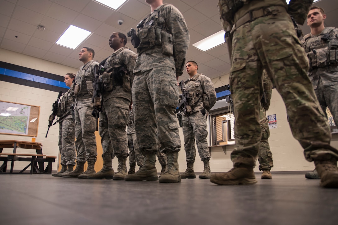 45th Security Forces Squadron Airmen get assignments during their guardmount briefing at Patrick Air Force Base, Fla. on March 15, 2019.