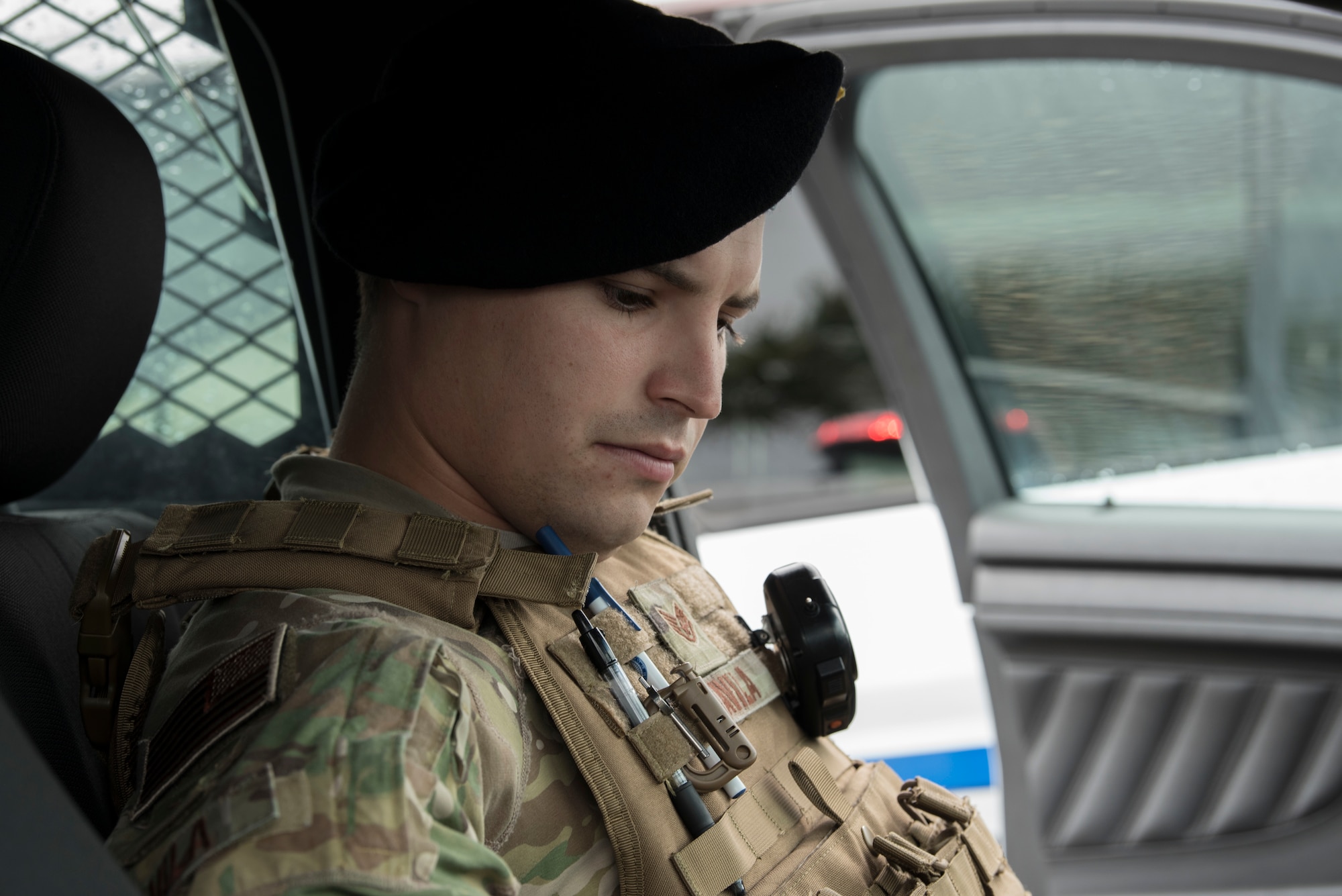 Staff Sgt. Kiley Davila, 45th Security Forces Squadron patrolman, performs his pre-check before a patrol at Patrick Air Force Base, Fla. on March 15, 2019.