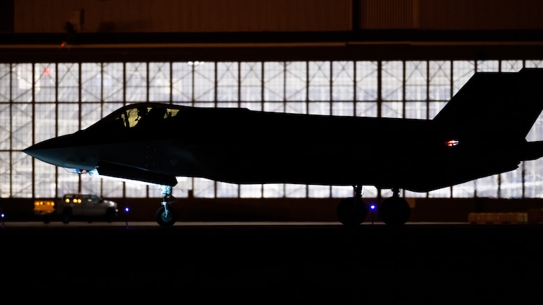 An F-35A Lightning II taxis during night flying operations at Hill Air Force Base, Utah, March 26, 2019. Night flying is required for pilots to sharpen their combat skills and maintainers work around the clock to prepare jets for flight, inspect them after flight, and get them ready for the next flying day. The 388th Fighter Wing is the Air Force’s first combat-coded F-35A wing. (U.S. Air Force photo by R. Nial Bradshaw)