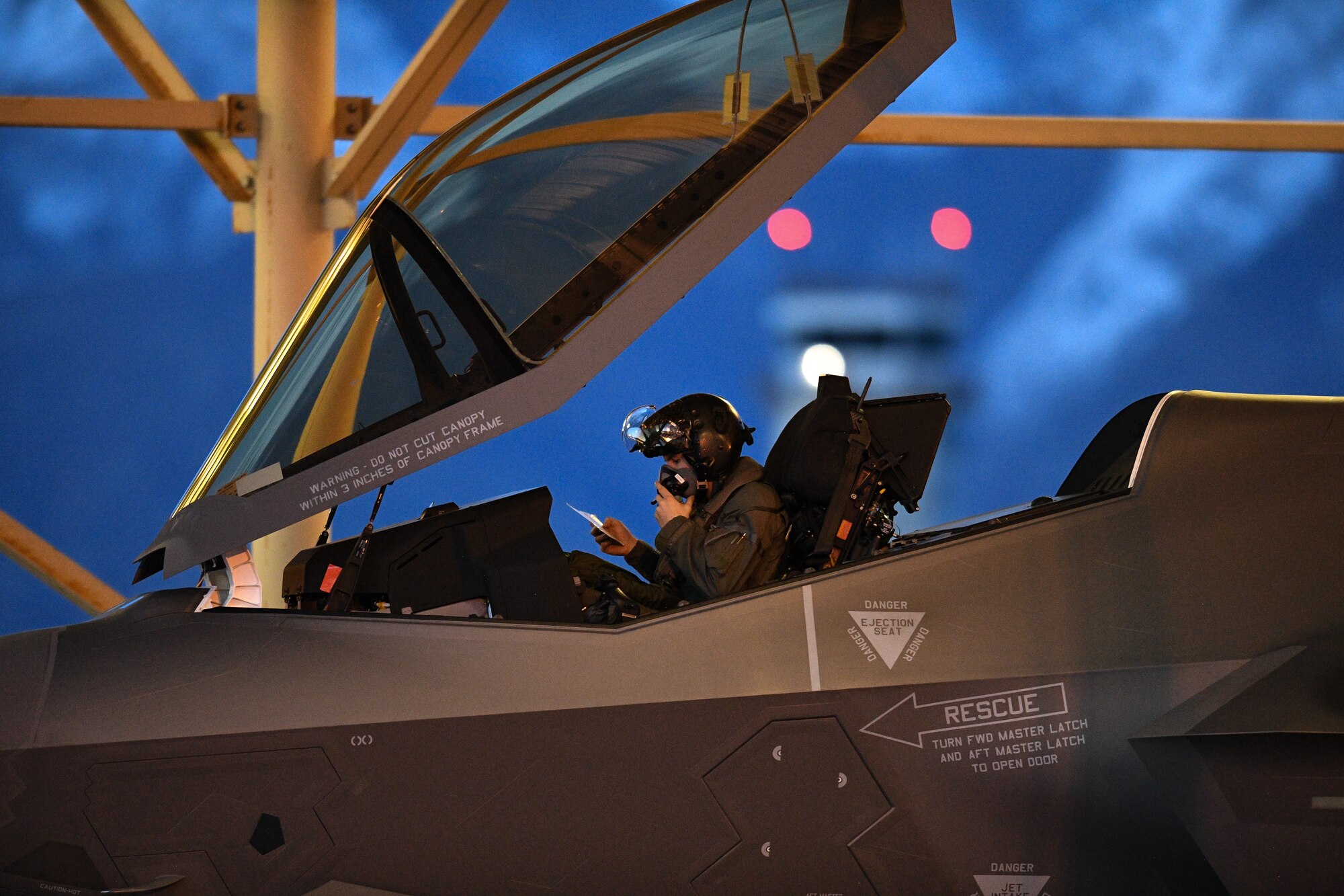A pilot from the 388th Fighter Wing’s 421st Fighter Squadron prepares to launch an F-35A Lightning II during night flying operations at Hill Air Force Base, Utah, March 26, 2019. Night flying is required for pilots to sharpen their combat skills. The 388th Fighter Wing is the Air Force’s first combat-coded F-35A wing. (U.S. Air Force photo by R. Nial Bradshaw)