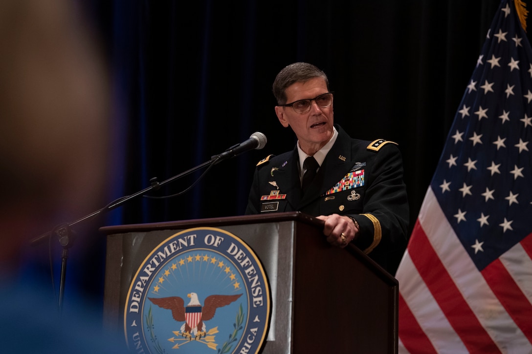 The outgoing commander of U.S. Central Command, U.S. Army Gen. Joseph L. Votel, delivers remarks at the CENTCOM change of command, March 28, 2019. Votel was relieved by Marine Corps Gen. Kenneth McKenzie, who previously served as the Director of the Joint Staff. (DoD photo by Lisa Ferdinando)