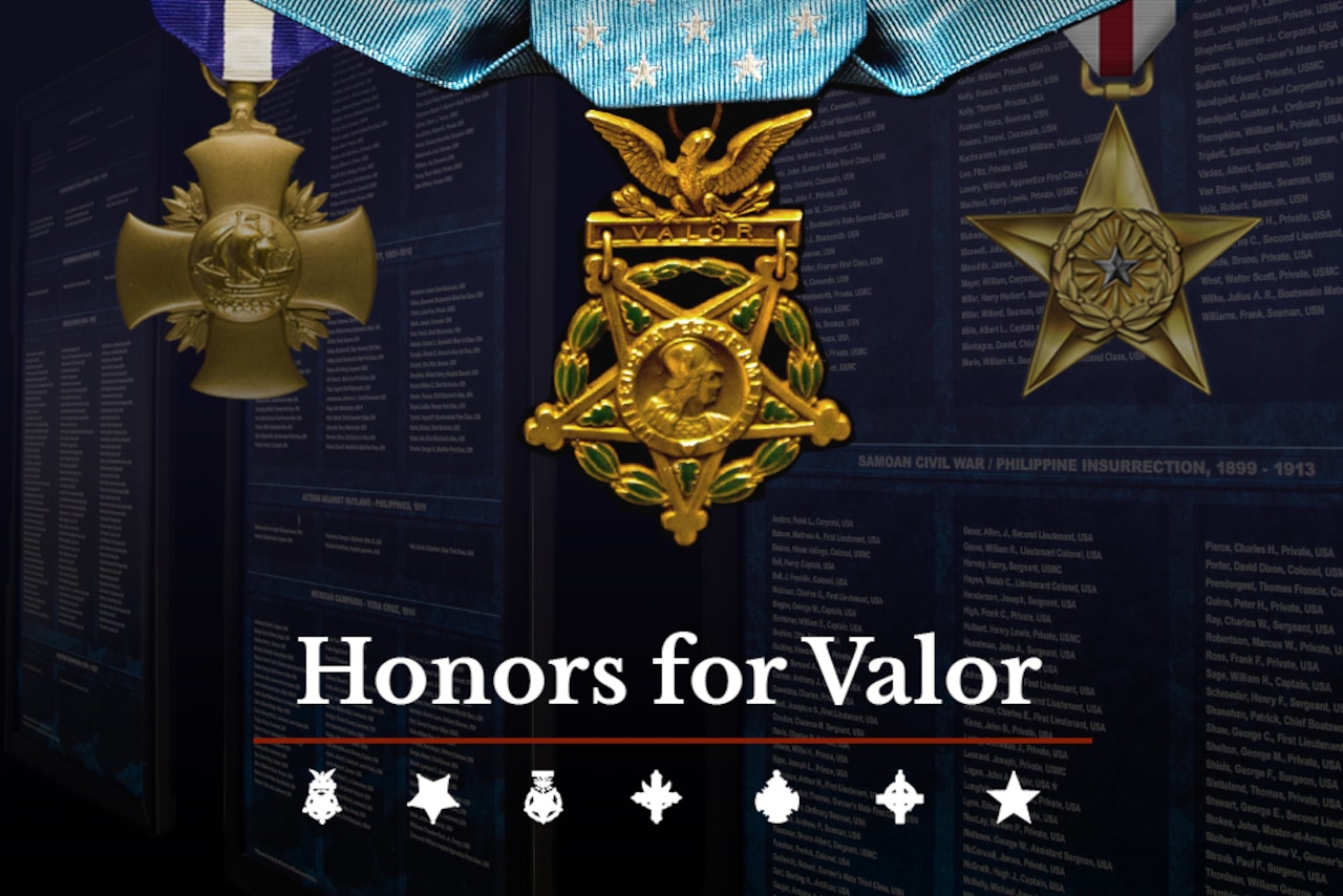 Three medals hang on a navy blue graphic with the words "Honors for Valor" on it.