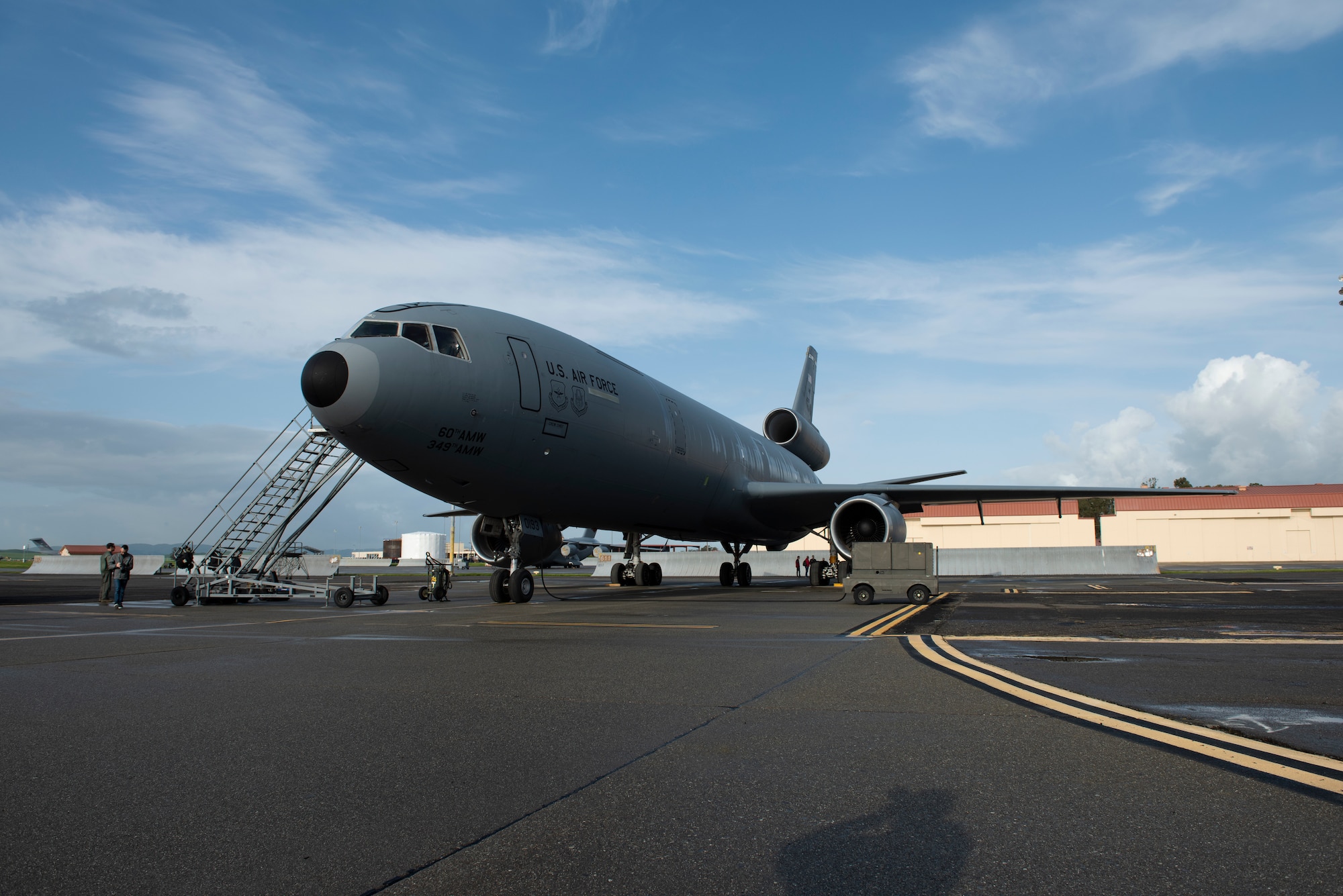 A KC-10 Extender waits to depart on its next mission March 28, 2019 at Travis Air Force Base, California. The aircraft flew a refueling mission Thursday in support of two A-10 Thunderbolt IIs and a Boeing E-3 Sentry. All three aircraft will be featured at the Thunder Over the Bay Air Show at Travis March 30-31. (U.S. Air Force photo by Tech. Sgt. James Hodgman)