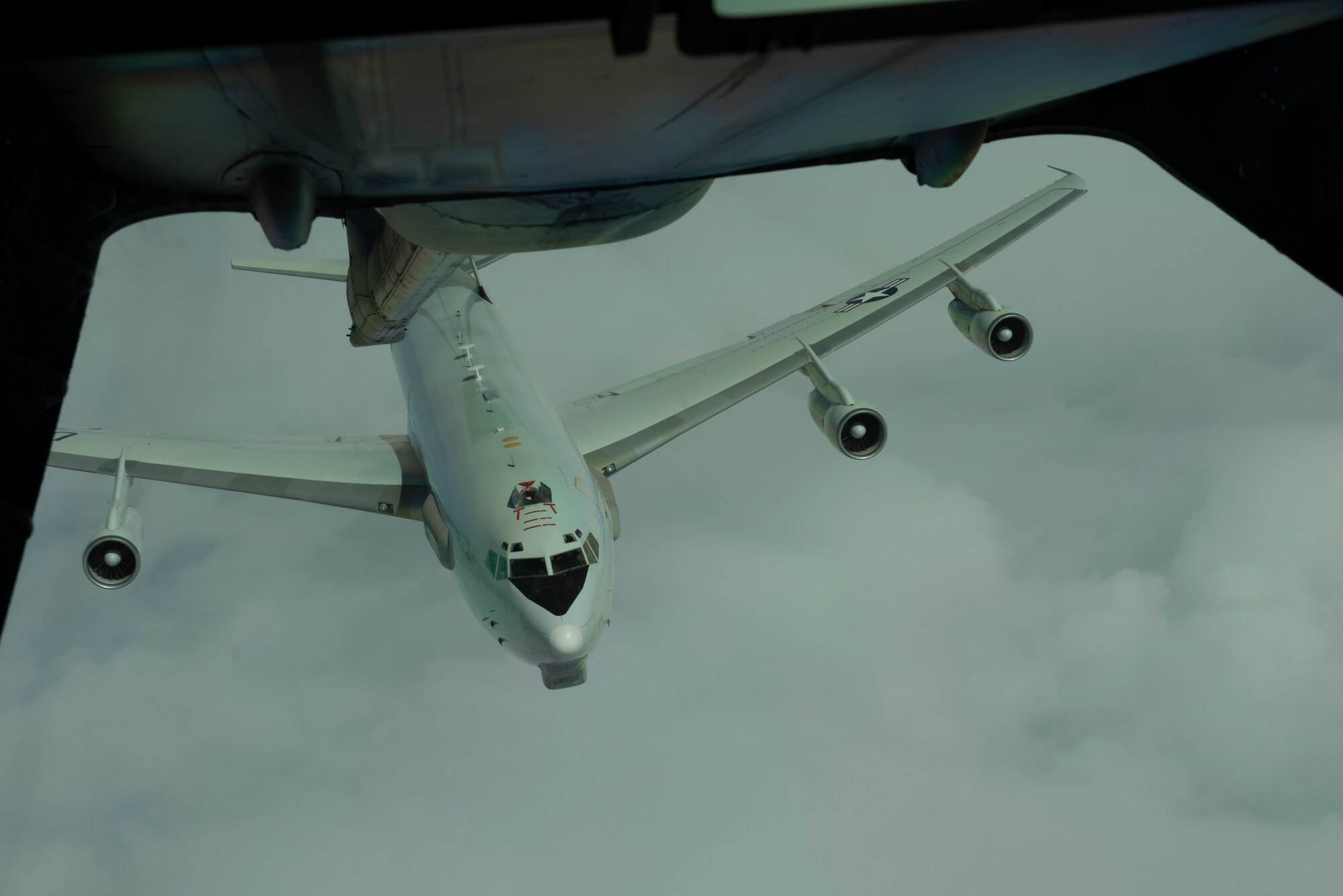 A Boeing E-3 Sentry from Tinker Air Force Base, Oklahoma, positions itself to be refueled by a KC-10 Extender assigned to Travis Air Force Base, California March 28, 2019 over Northern California. The KC-10 also refueled two A-10 Thunderbolt IIs offloading more than 19,000 pounds of fuel. All three aircraft will be featured at the Thunder Over the Bay Air Show at Travis March 30-31. (U.S. Air Force photo by Tech. Sgt. James Hodgman)