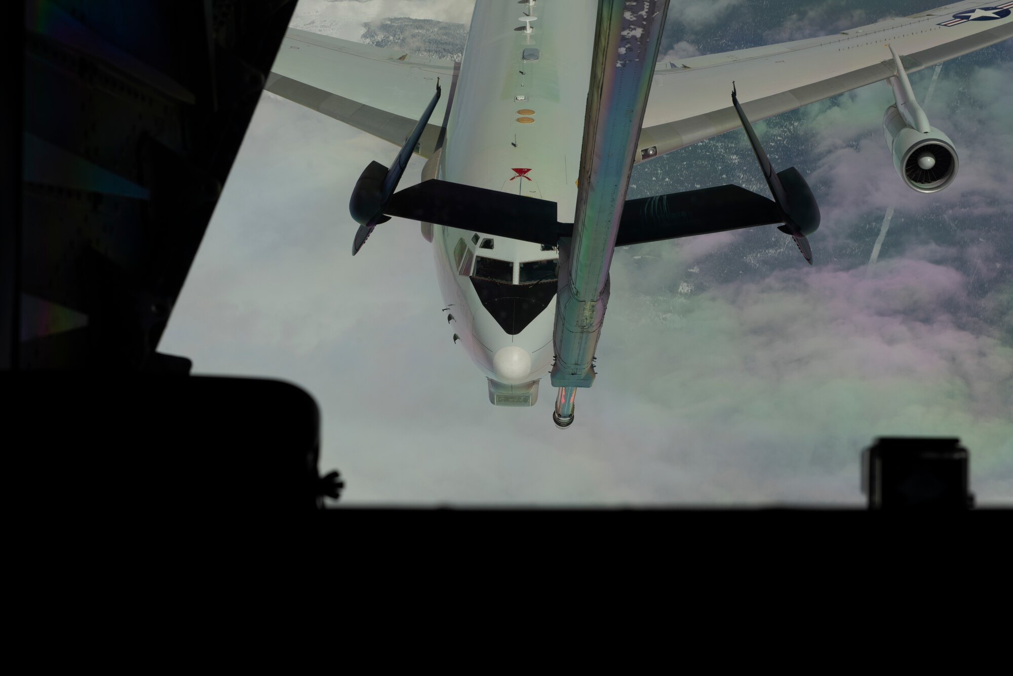A Boeing E-3 Sentry from Tinker Air Force Base, Oklahoma, positions itself to be refueled by a KC-10 Extender assigned to Travis Air Force Base, California March 28, 2019 over Northern California. The KC-10 also refueled two A-10 Thunderbolt IIs offloading more than 19,000 pounds of fuel. All three aircraft will be featured at the Thunder Over the Bay Air Show at Travis March 30-31. (U.S. Air Force photo by Tech. Sgt. James Hodgman)