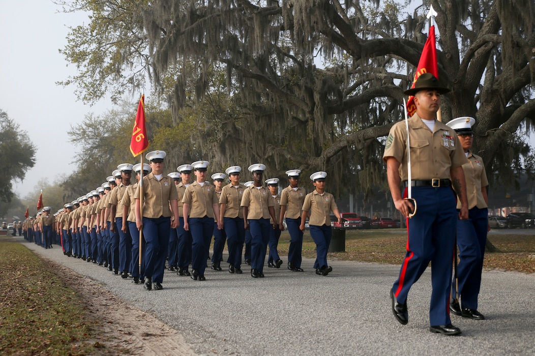 Marines with India Company, 3rd Recruit Training Battalion, graduated from recruit training at Marine Corps Recruit Depot Parris Island, March 29. India Company is the first combined company of male and female recruits to graduate from recruit training. (U.S. Marine Corps photo by Cpl. Vivien Alstad/Released)