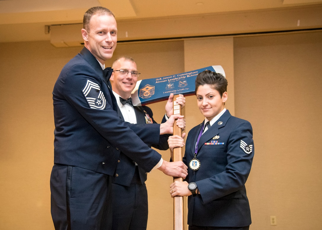 Airmen receive awards from Airman Leadership School (ALS), March 28, 2019, at Moody Air Force Base, Ga. ALS is a 5-week course designed to develop Airmen into effective front-line supervisors by focusing on building leadership abilities, teamwork skills and effective communication. (U.S. Air Force photo by Airman 1st Class Eugene Oliver)