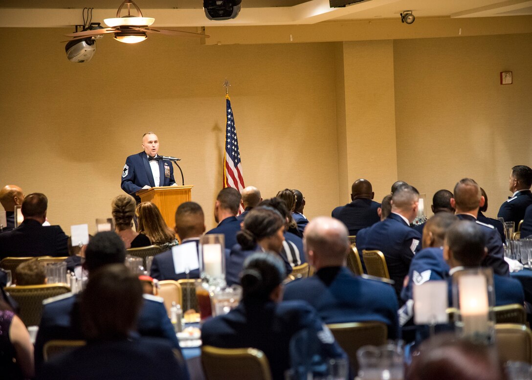 Chief Master Sgt. Bruce Mcpherson, 23d Mission Support Group chief enlisted manager, gives a speech during an Airman Leadership School (ALS) graduation ceremony, March 28, 2019, at Moody Air Force Base, Ga. ALS is a 5-week course designed to develop Airmen into effective front-line supervisors by focusing on building leadership abilities, teamwork skills and effective communication. (U.S. Air Force photo by Airman 1st Class Eugene Oliver)