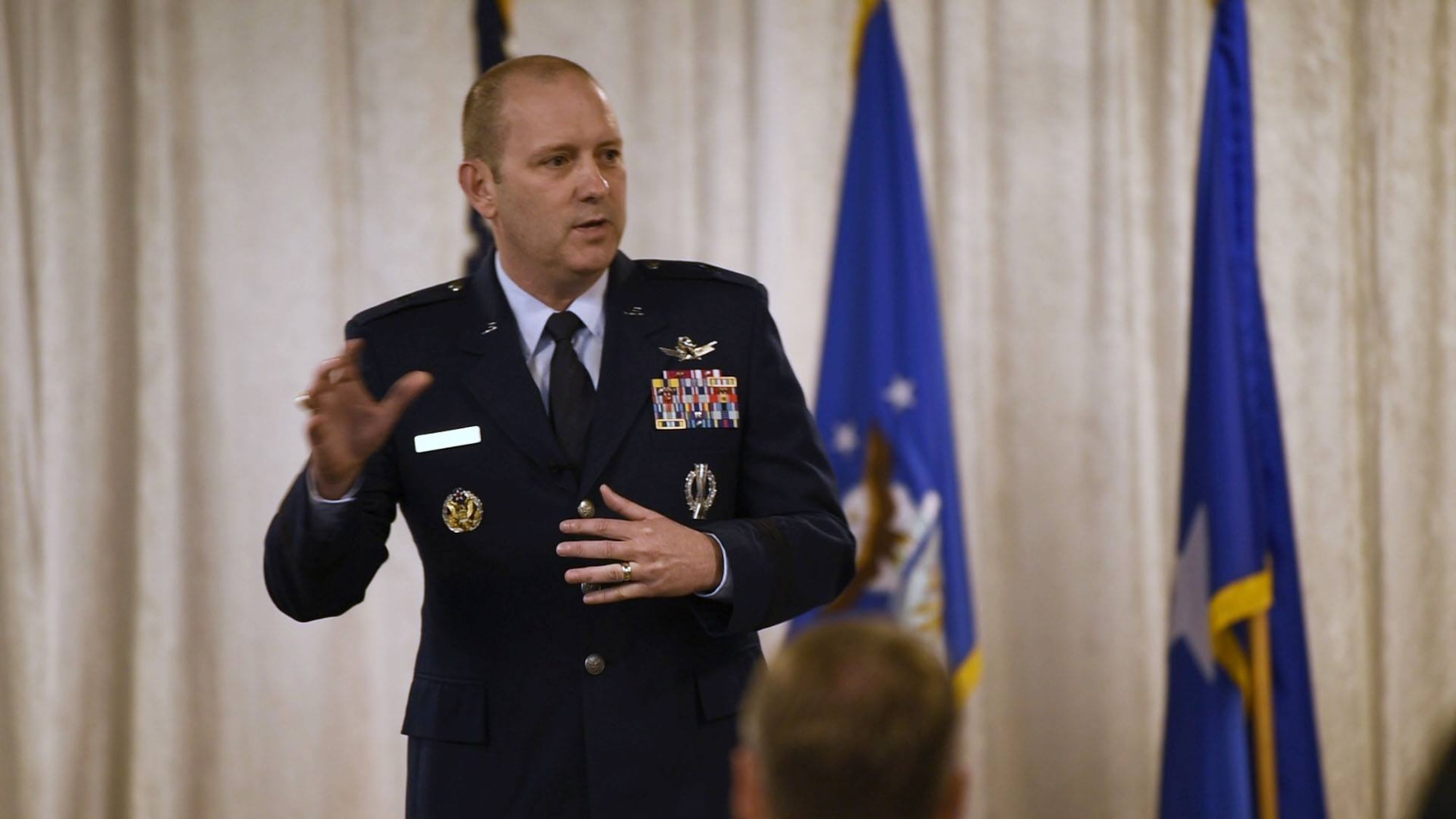 Brig. Gen. Doug Schiess, 45th Space Wing commander, spoke with community partners about current and future missions during the inaugural State of the Installation event at Patrick Air Force Base, Fla. on March 29, 2019.