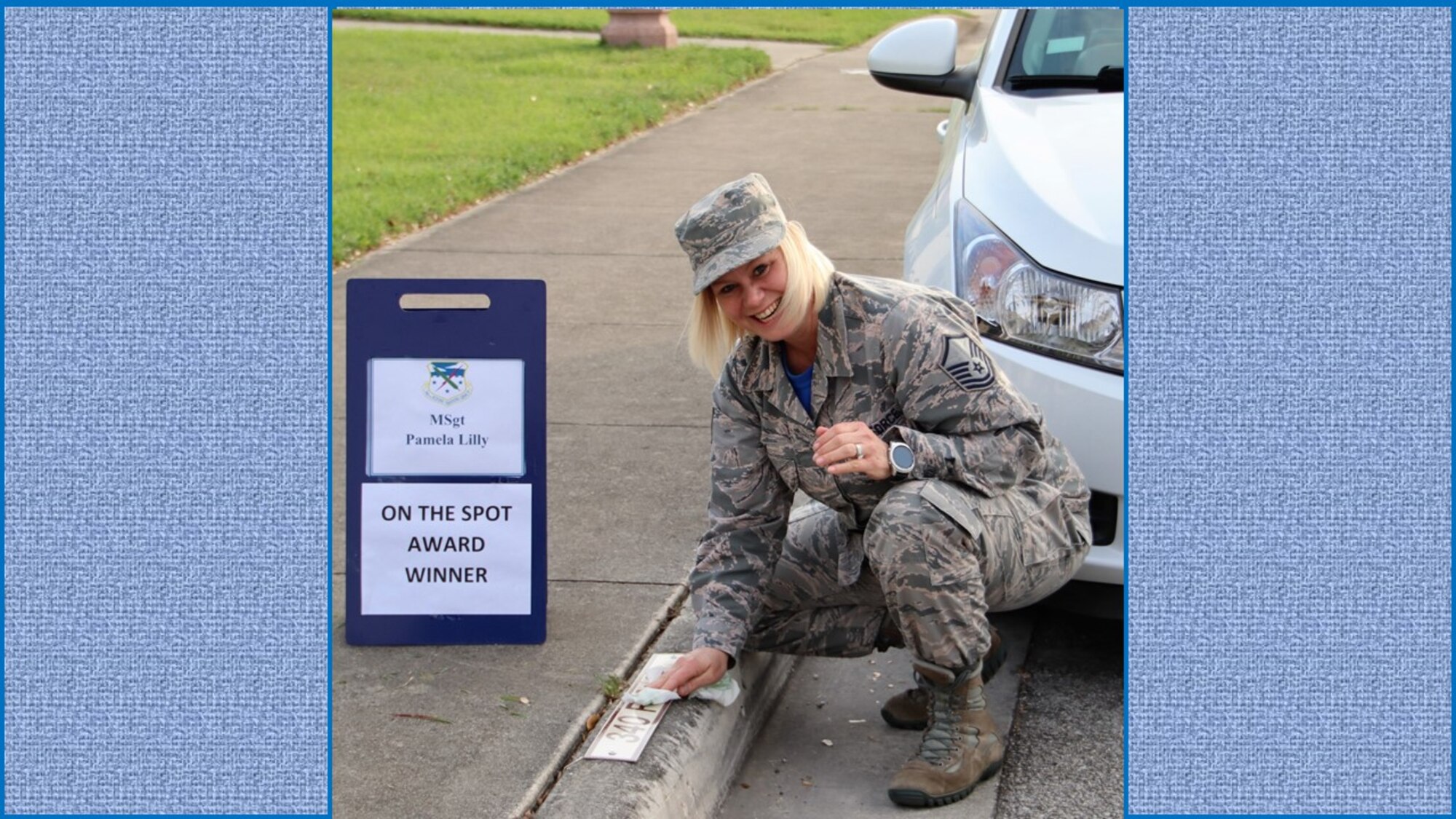 Master Sgt. Pamela Lilly, the March 2019, 340th Flying Training Group, “On the Spot” award winner, prepares to take her turn parking in the boss' parking spot at Joint Base San Antonio-Randolph, Texas. On the Spot Award winners get to park in the commander's parking spot for one week. (U.S. Air Force photo by Janis El Shabazz