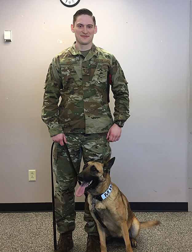 MWD Misha, a 2-year-old female Belgian Malinois, partners with Staff Sgt. William Sims Jr., a handler in the 88th Security Forces Squadron at Wright-Patterson Air Force Base. (Skywrighter photo/Amy Rollins)