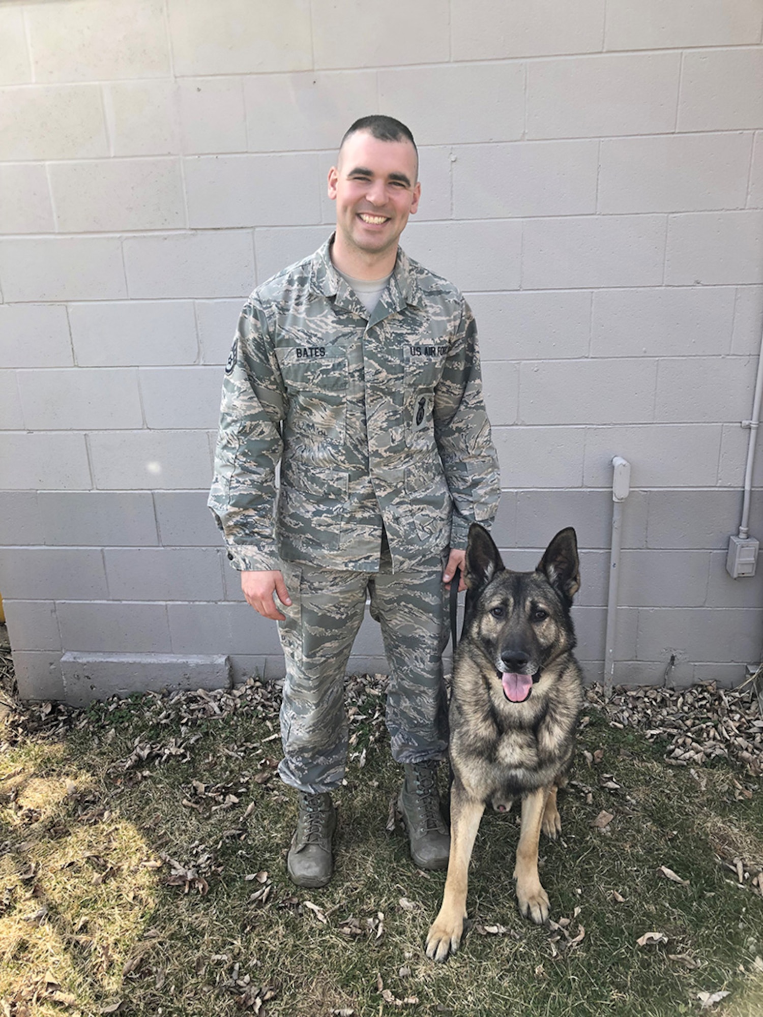 MWD Morgen, a 5-year-old male German shepherd dog, partners with Staff Sgt. Bryce Bates, a handler in the 88th Security Forces Squadron at Wright-Patterson Air Force Base. (Contributed photo)