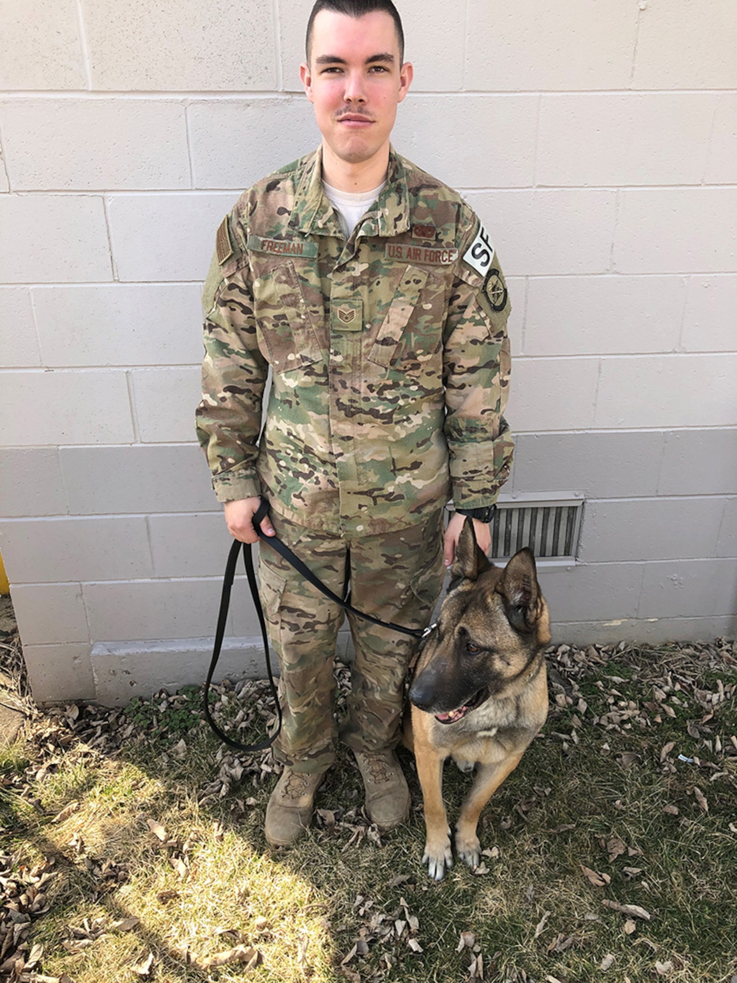 Staff Sgt. Marshall Freeman, a handler in the 88th Security Forces Squadron at Wright-Patterson Air Force, trains MWD Rudo, an 8-year-old male Belgian Malinois. (Contributed photo)