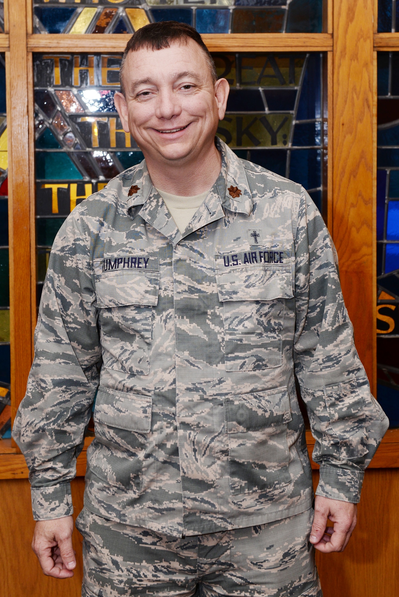 Chaplain (Maj.) Kevin Humphrey, 55th Wing Chapel poses for a photo March 28, 2019, at Offutt Air Force Base, Nebraska, Strategic Air Command Chapel. (U.S. Air Force photo by Charles Haymond)