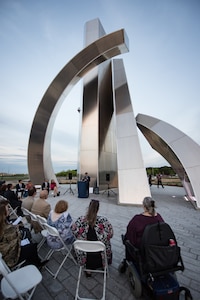 U.S. Air Force Col. Scott Thompson, 502d Installation Support Group commander, presents his remarks during the Tribute to Freedom sculpture grand opening, Mar. 27, 2019, at the corner of U.S. Highway 90 and Military Drive.