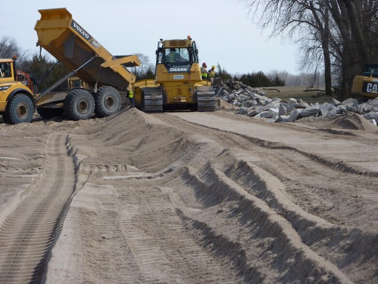 The U.S. Army Corps of Engineers, Omaha District completed work Mar. 28, 2019 on the Union Dike break repair project near Valley, Nebraska. The breach repair was finished a day ahead of schedule and provides significant public safety benefits to the local area. (Courtesy photo, USACE Omaha District)
