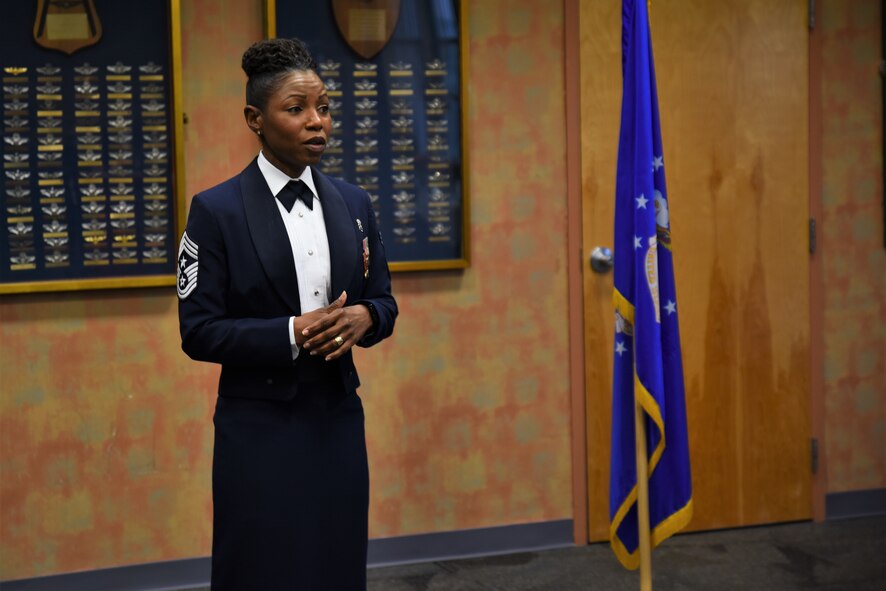 U.S. Air Force Chief Master Sgt. Shanece Johnson gives an inspiring speech about leadership during a Chief Recognition Ceremony at Davis-Monthan Air Force Base, Ariz., March 15, 2019.