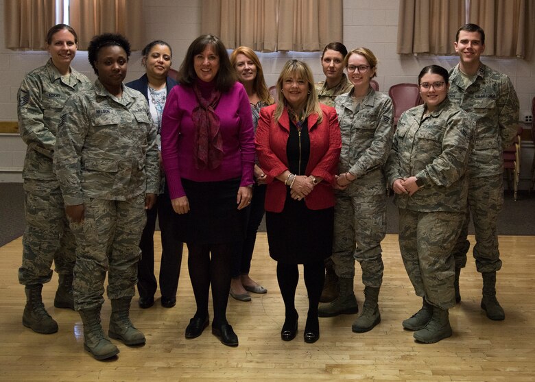 Airmen pose with (center right) Dr. Tina Byford, interim vice president of university advancement of New Mexico State University, and (center left) Leslie Cervantes, associate VP of alumni and donor relations of NMSU, after an open forum at the Community Activities Center on Holloman Air Force Base, N.M., March 19, 2019. Byford and Cervantes spoke to Airmen about their experiences as female leaders and how they achieved success in honor of Women’s History Month. (U.S. Air Force photo by Staff Sgt. BreeAnn Sachs)