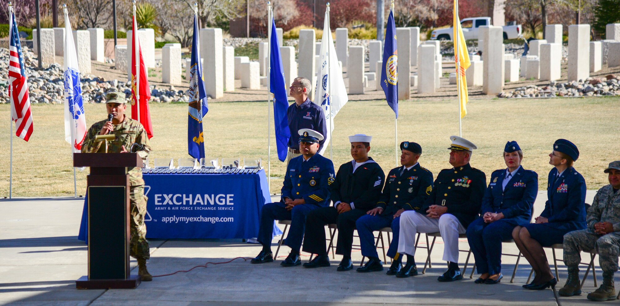 Col. Juan Alvarez, 377th Mission Support Group Commander, speaks during a ceremony to commemorate Vietnam Veterans Day at the New Mexico Veterans Memorial, March 29, 2019. Various organizations from Kirtland Air Force Base, including the Defense Commissary Agency and the Army and Air Force Exchange Service worked together to make the ceremony special for the state's Vietnam veterans. (U.S. Air Force photo by Jessie Perkins)