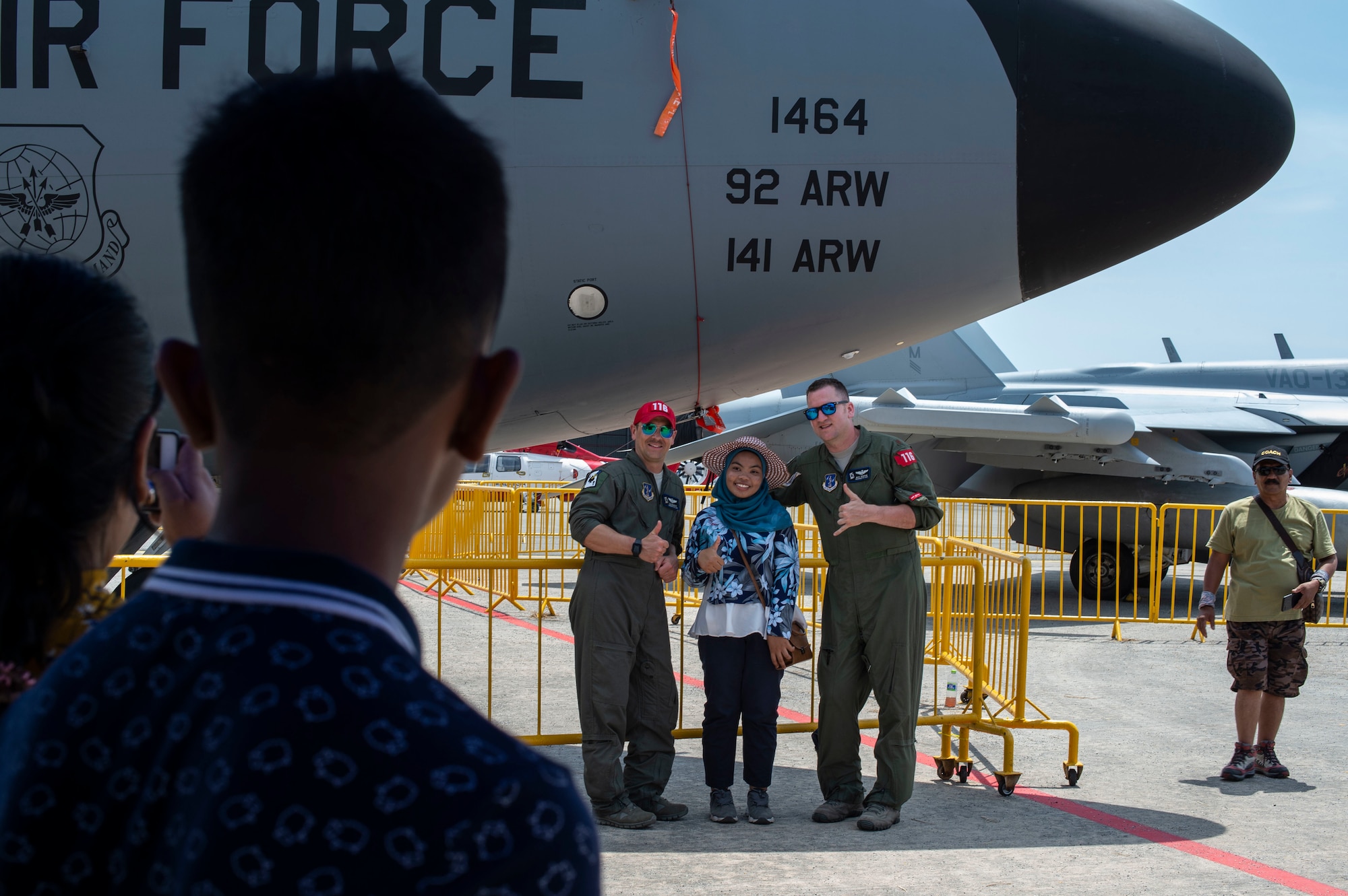 KC-135 Stratotanker aircrew members, assigned to the 92nd Air Refueling Wing, Fairchild Air Force Base, Wash., pose for a photo during the Langkawi International Maritime and Aerospace Exhibition 2019 in Padang Mat Sirat, Malaysia, March 29, 2019.