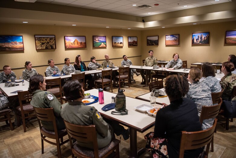 Base members speak at the 28th Bomb Wing Women’s Lean In Circle in the Raider Café conference room on Ellsworth Air Force Base, S.D., March 26, 2019. Both men and women serving on Ellsworth AFB were invited to attend to discuss and break down barriers to success and happiness that are based on gender. Col. Sarah Deaver, the 28th Mission Support Group commander, was the keynote speaker for the event. (U.S. Air Force photo by Tech. Sgt. Jette Carr)