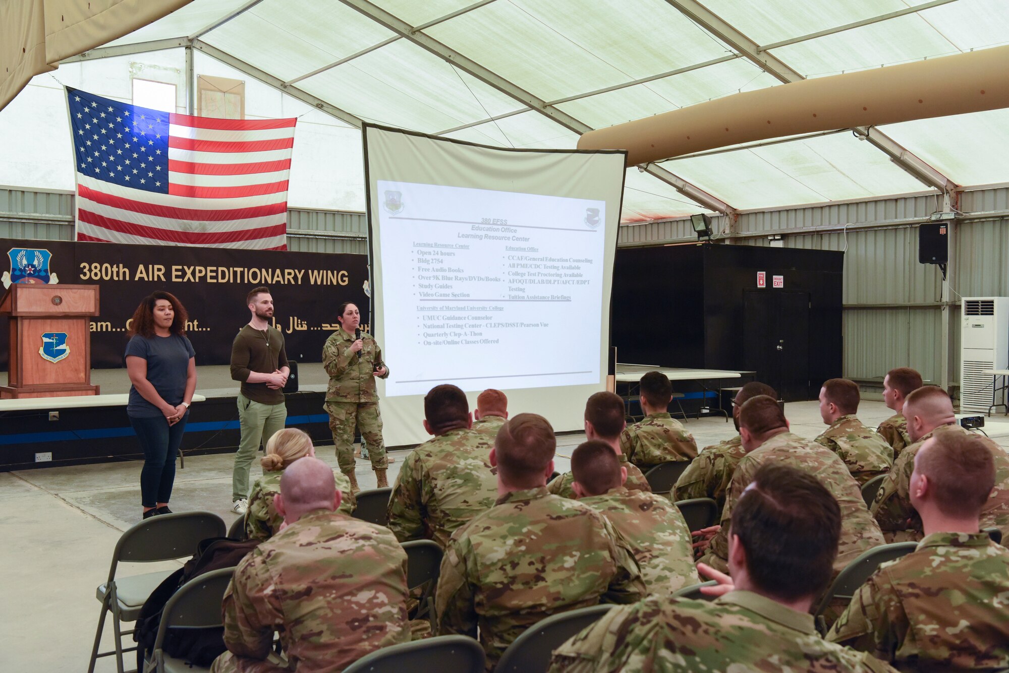 The members of the Education and Learning Resource Center briefs newcomers during Right Start at Al Dhafra Air Base, United Arab Emirates, Mar. 28, 2019.