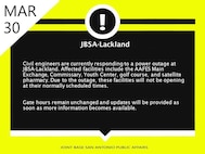 Civil engineers are currently responding to a power outage at JBSA-Lackland. Affected facilities include the AAFES Main Exchange, Commissary, Youth Center, golf course, and satellite pharmacy. Due to the outage, these facilities will not be opening at their normally scheduled times. 

Gate hours remain unchanged and updates will be provided as soon as more information becomes available.