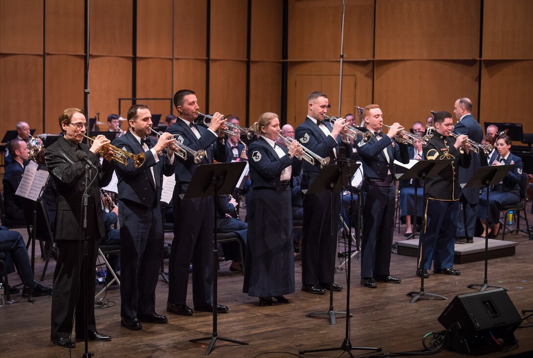 World-renowned trumpeter, Allen Vizzutti, left, performs on The United States Air Force Band's 2019 Guest Artist Series. The concert took place on Jan. 24, 2019, at the Rachel M. Schlesinger Concert Hall and Arts Center in Alexandria, Va. (U.S. Air Force photo by Chief Master Sgt. Kevin Burns)