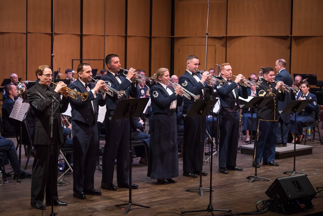 World-renowned trumpeter, Allen Vizzutti, left, performs on The United States Air Force Band's 2019 Guest Artist Series. The concert took place on Jan. 24, 2019, at the Rachel M. Schlesinger Concert Hall and Arts Center in Alexandria, Va. (U.S. Air Force photo by Chief Master Sgt. Kevin Burns)