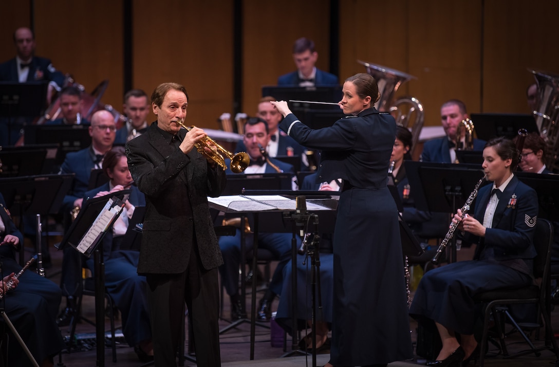 World-renowned trumpeter, Allen Vizzutti, left, performs on The United States Air Force Band's 2019 Guest Artist Series. The concert took place on Jan. 24, 2019, at the Rachel M. Schlesinger Concert Hall and Arts Center in Alexandria, Va. (U.S. Air Force photo by Chief Master Sgt. Kevin Burns)