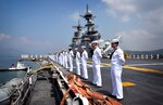 SUBIC BAY, Philippines (March 30, 2019) Sailors man the rails aboard the amphibious assault ship USS Wasp (LHD 1) as the ship arrives in Subic Bay, Philippines in support of Exercise Balikatan. Exercise Balikatan, in its 35th iteration, is an annual U.S., Philippine military training exercise focused on a variety of missions, including humanitarian assistance and disaster relief, counter-terrorism, and other combined military operations.