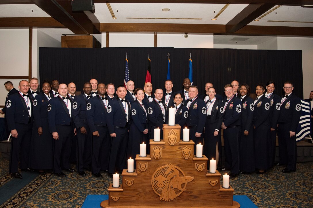 The Kaiserslautern Military Community’s 27 new chief master sergeant selectees pose for a photo during the Chief Recognition Ceremony on Ramstein Air Base, March 23, 2019. The Chief Recognition Ceremony is an event that highlights the newest chief master sergeant-selects’ accomplishments and acknowledges their ability to attain a position within the top one percent of the U.S. Air Force enlisted force. (U.S. Air Force photo by Airman 1st Class Kristof J. Rixmann)