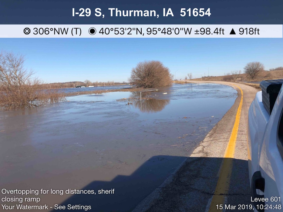 Photo documents overtopping of levee L601 near Glenwood, IA Mar. 15, 2019, which resulted from a a major runoff event. (Photo by USACE, Omaha District)