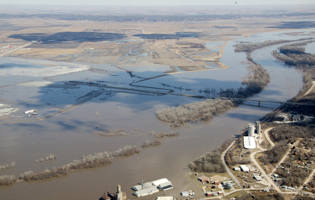 Photo documents aerial view of overtopping levee L575 near Nebraska City, Iowa Mar. 16, 2019, resulting from a major runoff event. (Photo by USACE, Omaha District)