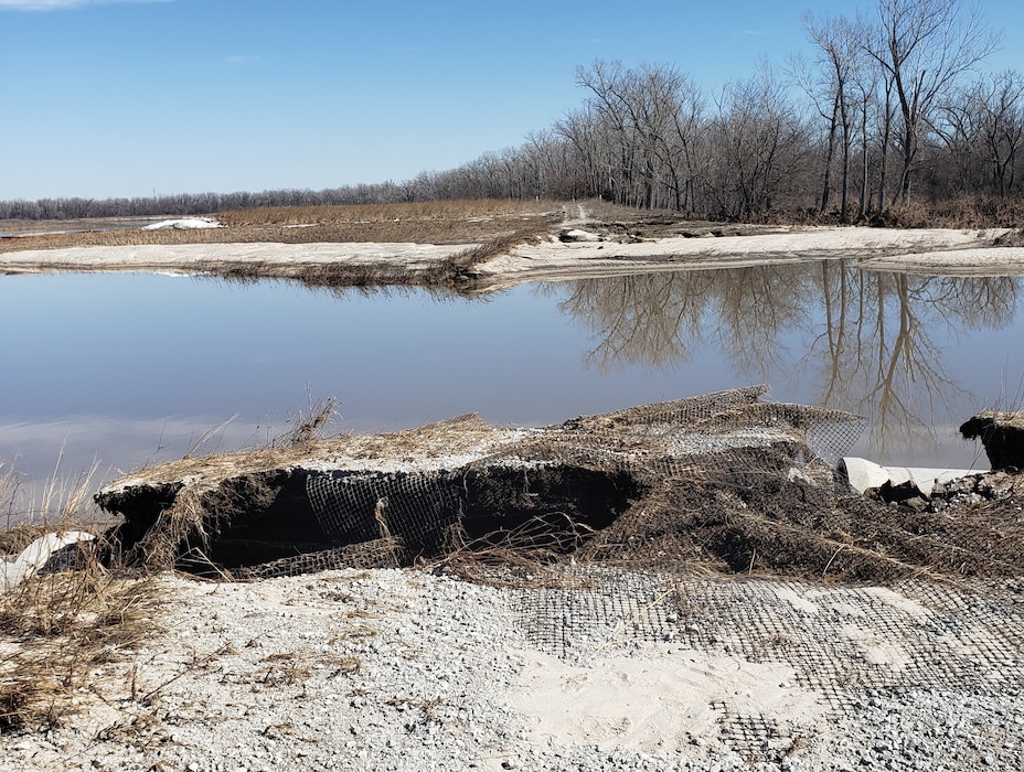 Photo documents the Clear Creek Levee breach resulting from the 2019 runoff event along the Missouri River in Clear Creek, Nebraska Mar. 22, 2019. (Photo by USACE, Omaha District)