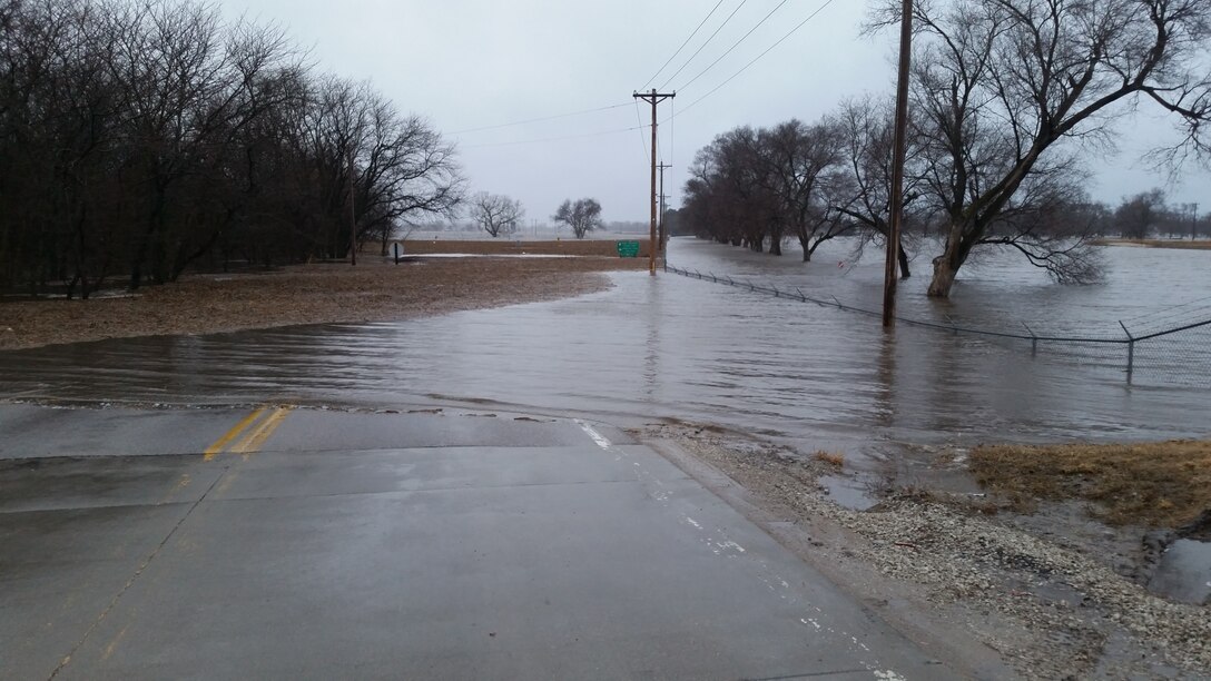 Photo documents overtopping of Western Sarpy levee in Western Sarpy, Nebraska Mar. 14, 2019, resulting from major runoff event earlier in month. (Photo by USACE, Omaha District)