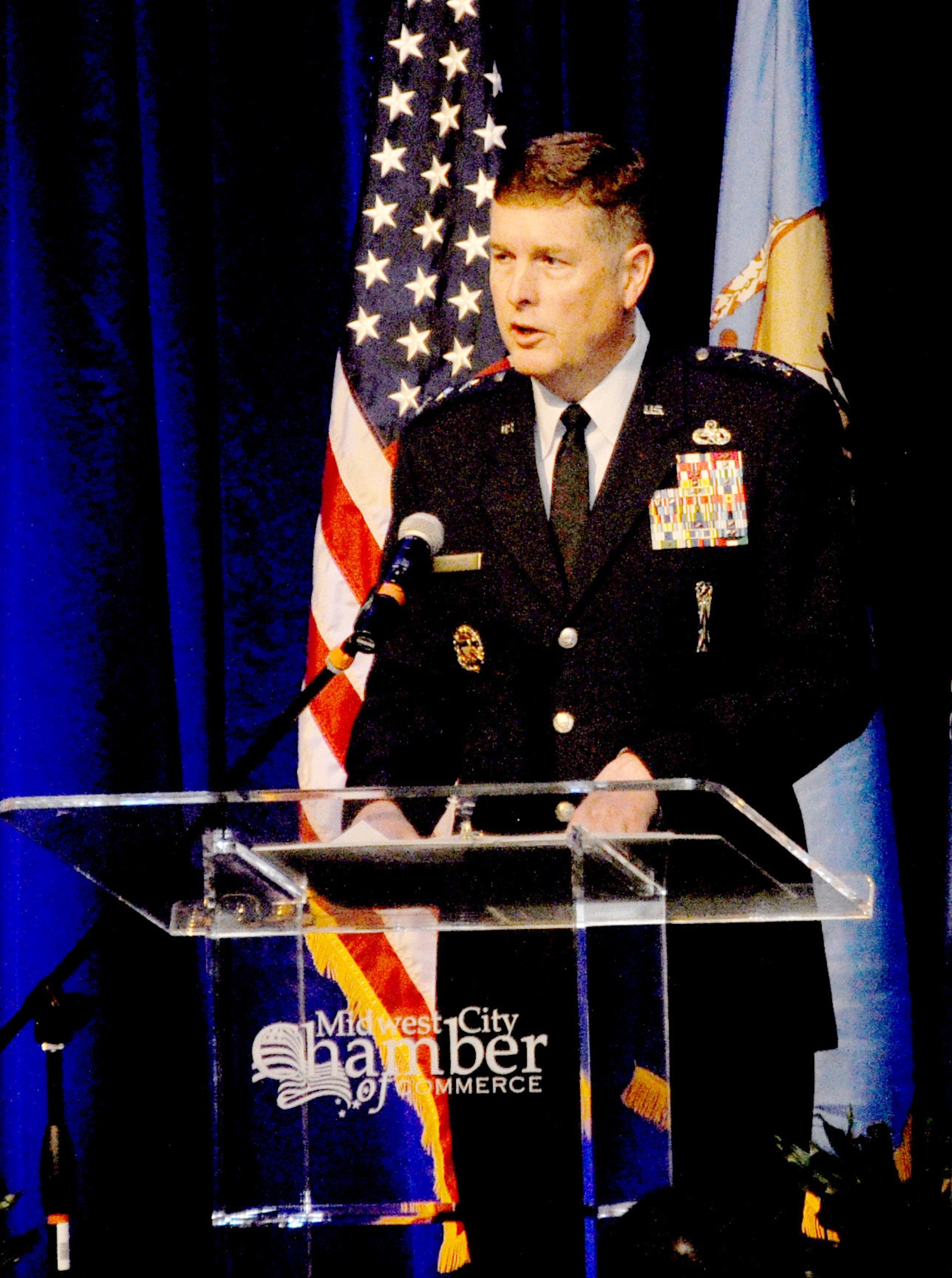 Lt. Gen. Gene Kirkland, Air Force Sustainment Center commander, spoke to the Midwest City Chamber of Commerce on March 15 with his State of the Air Force Sustainment Center address. During this speech, he updated chamber members on the current state of Tinker Air Force Base as well as future plans and the overall effect the base has on the Oklahoma economy.