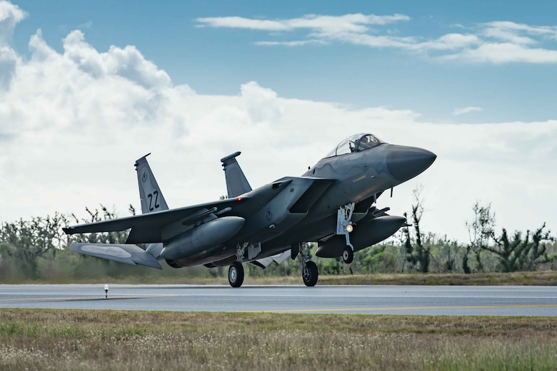 An F-15C Eagle from the 44th Fighter Squadron, Kadena Air Base, Japan, lands at Tinian International Airport, Tinian, during exercise Resilient Typhoon, April 23, 2019.  Resilient Typhoon is a dispersal exercise based at Andersen Air Force Base, Guam, designed to validate Pacific Air Force’s ability to maintain readiness while adapting to rapidly evolving regional events such as inclement weather.  (U.S. Air Force photo by Airman 1st Class Matthew Seefeldt)