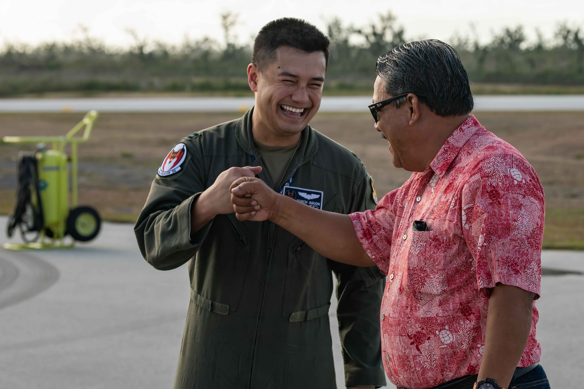 U.S. Air Force Capt. Celestino Aguon meets with Tinian Mayor Edwin P. Aldan at Tinian International Airport, Tinian, during exercise Resilient Typhoon, April 23, 2019.  The exercise was designed to increase Pacific Air Forces’ ability to rapidly deploy and operate from airfields throughout the region.  (U.S. Air Force photo by Airman 1st Class Matthew Seefeldt)
