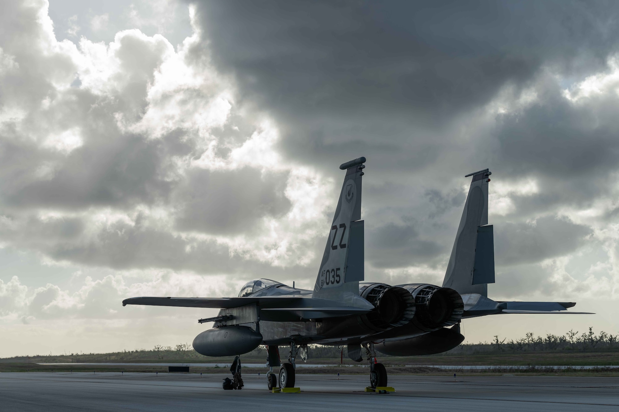 An F-15C Eagle from the 44th Fighter Squadron, Kadena Air Base, Japan, sits on the taxiway at Tinian International Airport, Tinian, during exercise Resilient Typhoon, April 23, 2019.  While on-ground, Airmen both practiced new fueling techniques for the jet aircraft and hosted a static display for local residents.  (U.S. Air Force photo by Airman 1st Class Matthew Seefeldt)