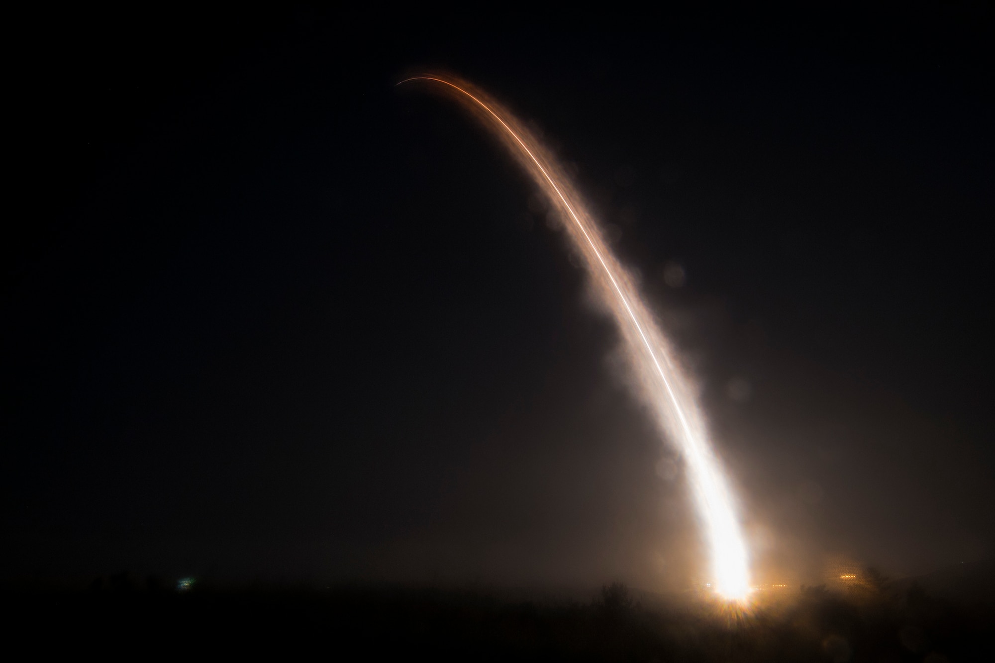 An unarmed Minuteman III intercontinental ballistic missile launches during a operational test at 2:42 A.M. Pacific Time May 1, 2019, at Vandenberg Air Force Base, Calif. (U.S. Air Force photo by Airman 1st Class Aubree Milks)