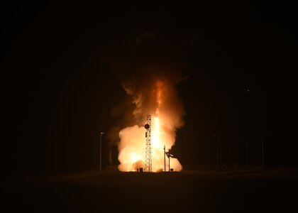 An unarmed Minuteman III intercontinental ballistic missile launches during a operational test at 2:42 A.M. Pacific Time May 1, 2019, at Vandenberg Air Force Base, Calif.