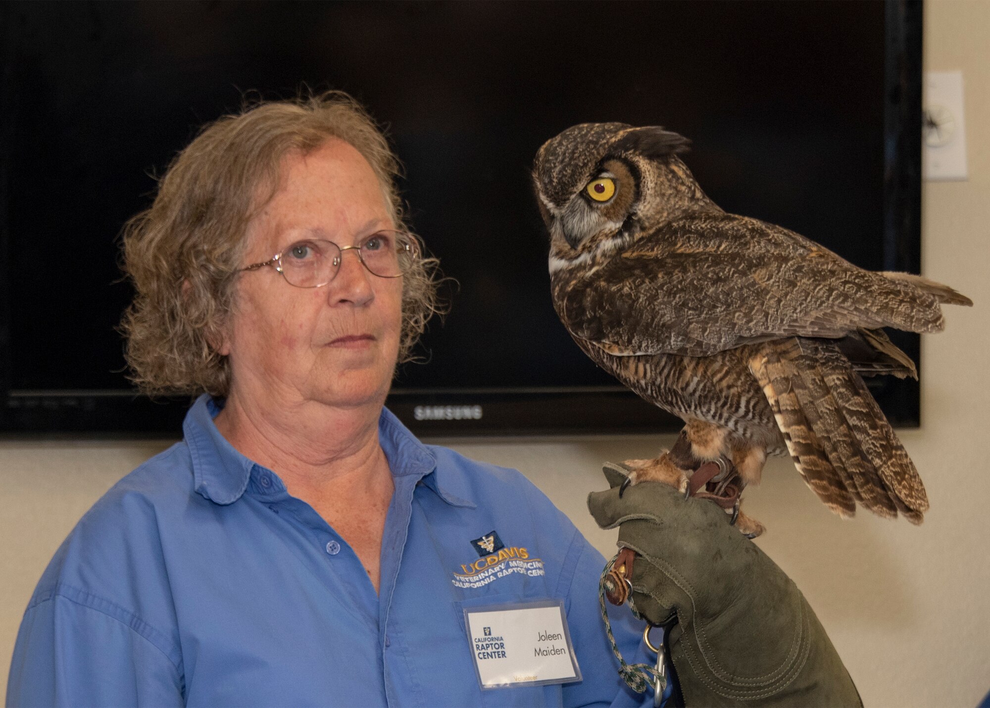 Joleen Maiden, a volunteer with the California Raptor Center, holds Forrest, a great horned owl, one of the center's resident birds. As part of the Earth Day event, participants were educated on raptor biology, rehabilitation, conservation and species identification during the CRC visit. (U.S. Air Force photo by Heide Couch)