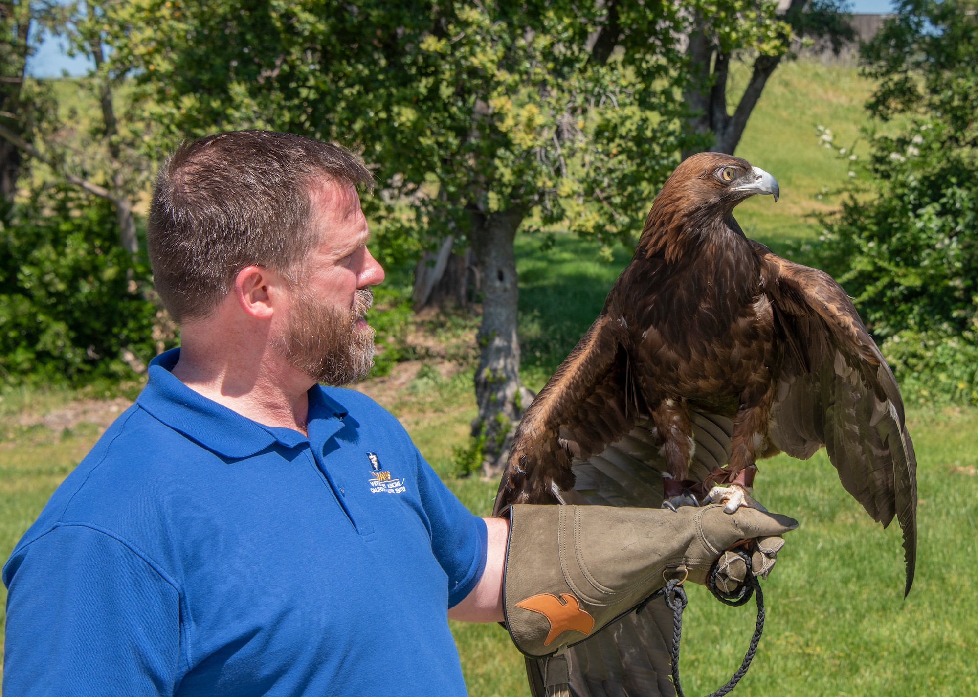 Brenton Pierce, a volunteer with the California Raptor Center, holds Sullivan, a golden eagle, one of the center's resident birds. As part of the Earth Day event, participants were educated on raptor biology, rehabilitation, conservation and species identification during the CRC visit. (U.S. Air Force photo by Heide Couch)